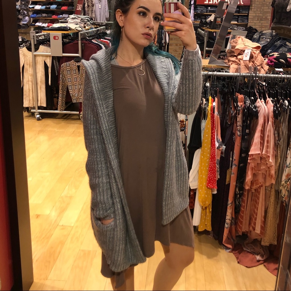 slate blue and gray very thick cozy hooded sweater